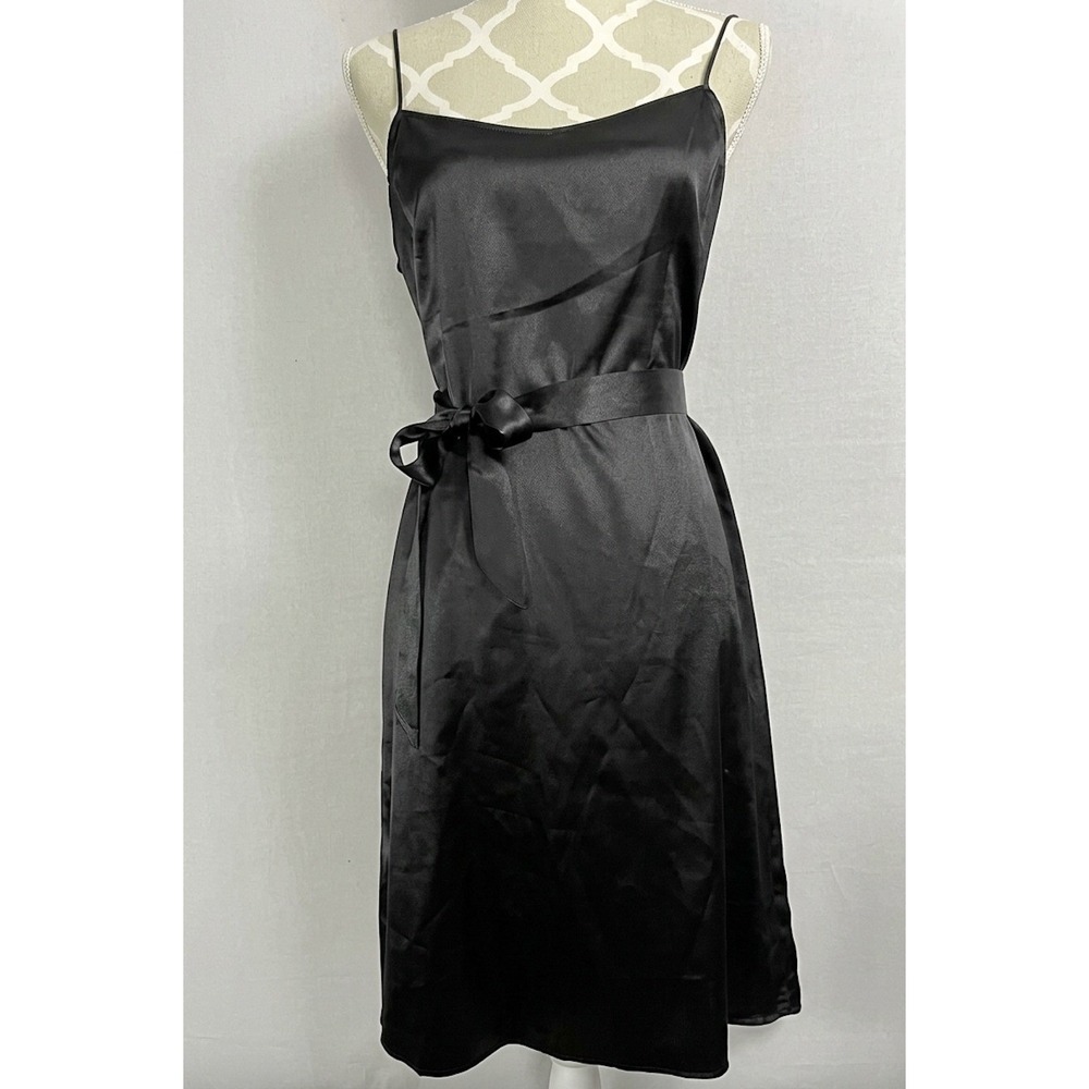 Teri Jon by‎ Rickie Freeman Slip Dress Womens 12 Black Belted Satin Midi Gown